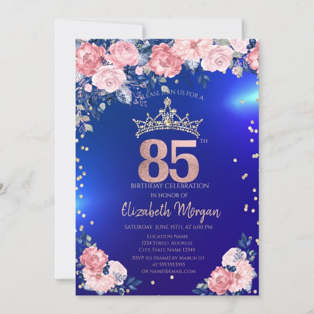 Invitation Gold Tiara Diamonds Fleurs Bleu 85e anniversaire (Devant)