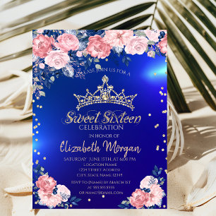 Invitation Gold Tiara Diamonds Rose Blue Sweet 16