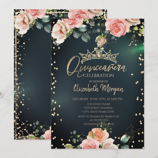 Invitation Gold Tiara Diamonds Roses Green Quinceañera (Devant / Derrière)