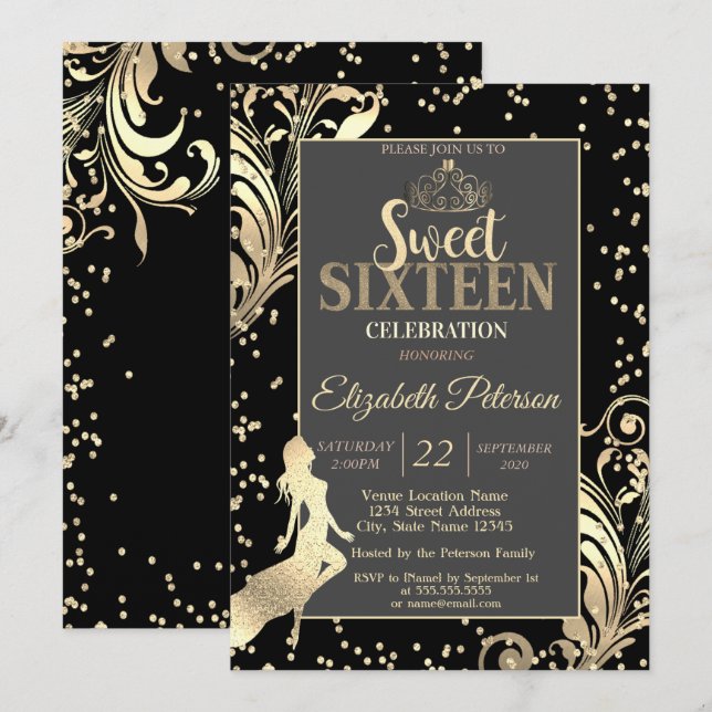 Invitation Gold Tiara High Talons Diamonds Girl Sweet 16 Part (Devant / Derrière)
