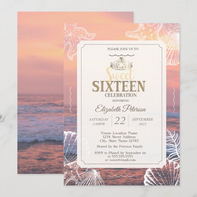 Invitation Gold Tiara Parties scintillant Bokeh Ombre Sweet 1 (Devant / Derrière)