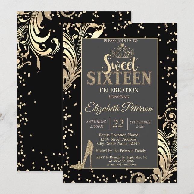 Invitation Gold Tiara Parties scintillant talons Diamants dou (Devant / Derrière)
