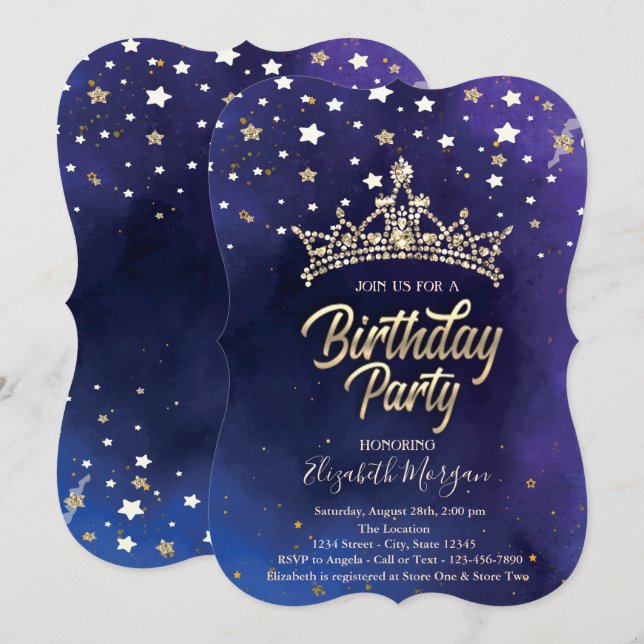 Invitation Gold Tiara Stars Blue Anniversaire (Devant / Derrière)