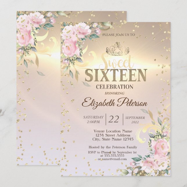 Invitation Gold Tiara Sweet Diamonds Fleurs 16 Parties (Devant / Derrière)