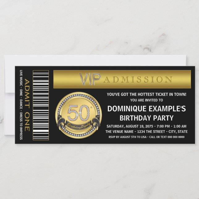 Invitation Gold Ticket 50th Birthday Party (Devant)