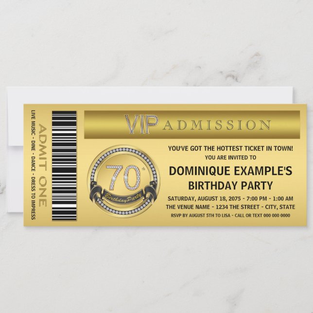 Invitation Gold Ticket VIP 70th Birthday Party (Devant)