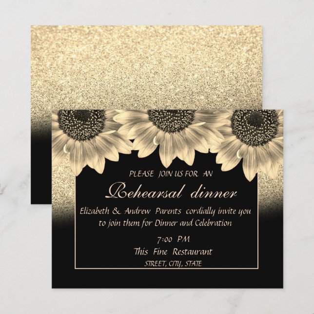Invitation Gold, Tournesols, Dîner de répétition de Parties s (Devant / Derrière)