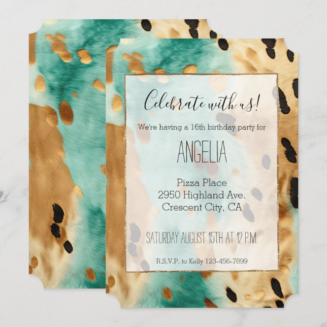 Invitation Gold Turquoise Animal Noir Anniversaire (Devant / Derrière)
