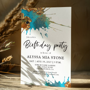 Invitation Gold Turquoise Artish Splash fête d'anniversaire