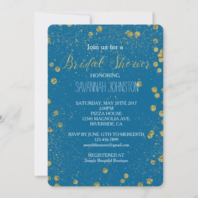 Invitation Gold Turquoise Glittery Confetti douche nuptiale (Devant)