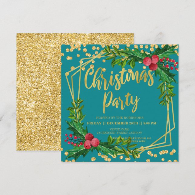 Invitation Gold Turquoise Holly Parties scintillant Christmas (Devant / Derrière)