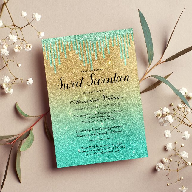 Invitation Gold turquoise ombre gouttes de parties scintillan (Gold teal ombre glitter drips Sweet Seventeen)