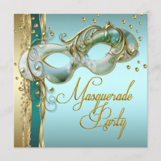 Invitation Gold Turquoise Turquoise Blue Masquerade Party