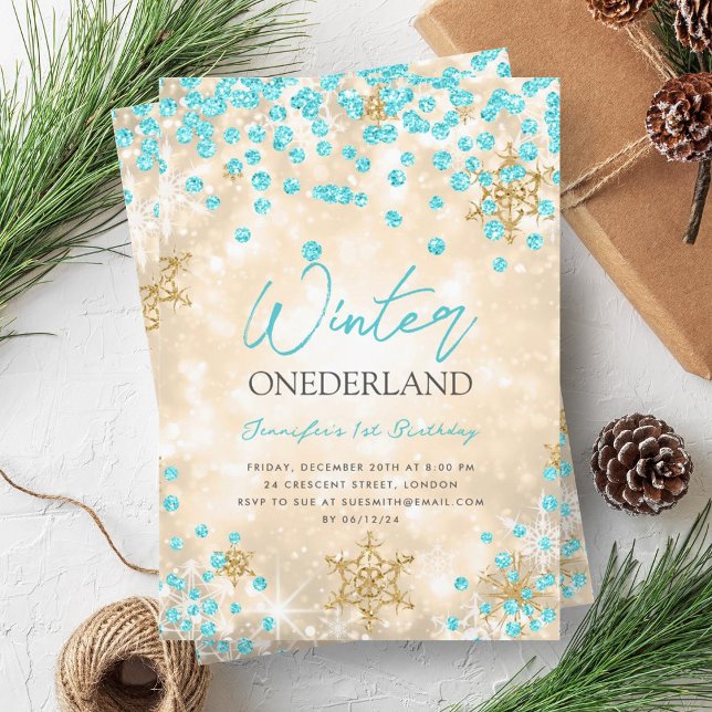 Invitation Gold Turquoise Winter ONEDERLAND 1er anniversaire (Gold Turquoise Winter ONEDERLAND 1st Birthday Invitation)