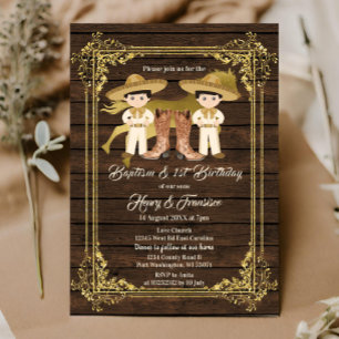 Invitation Gold Twin Boy Baptême et Anniversaire Bois rustiqu