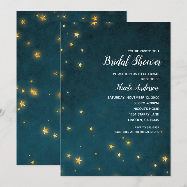 Invitation Gold Twinkle Stars Celestial Sky Fête des mariées (Devant / Derrière)