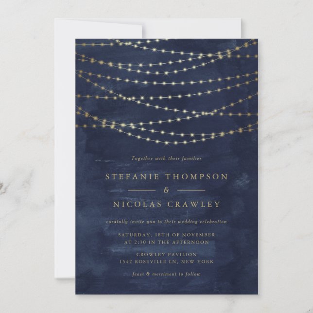 Invitation Gold Twinkle String Lights Aquarelle Mariage bleu (Devant)