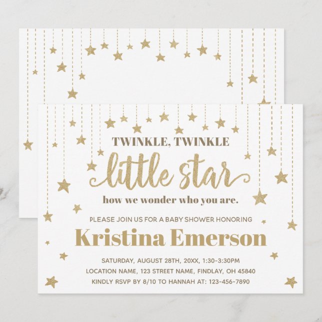 Invitation Gold Twinkle Twinkle Little Star Baby shower (Devant / Derrière)