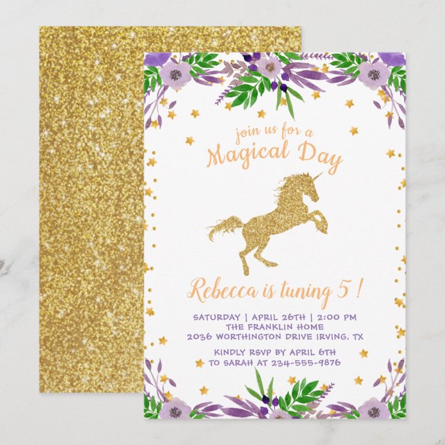 Invitation Gold Unicorn Aquarelle Florale fête d'anniversaire (Devant / Derrière)