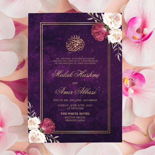 Invitation Gold violet Floral Ornat islamique Mariage musulma (Créateur téléchargé)