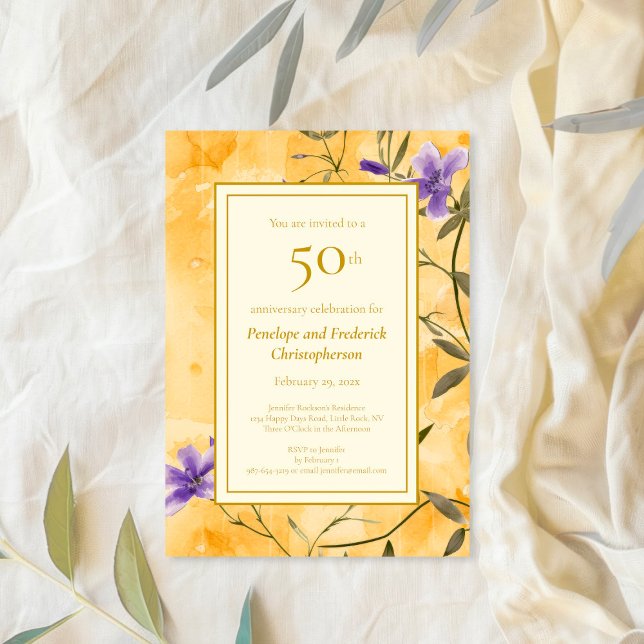 Invitation Gold Violets Floral 50e anniversaire Mariage (Gold Violets Floral 50th Wedding Anniversary Invitation)