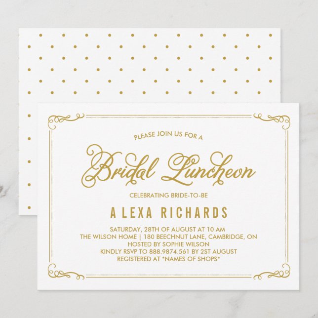 Invitation Gold Whimsical Frontières Nuptiale Luncheon Invita (Devant / Derrière)