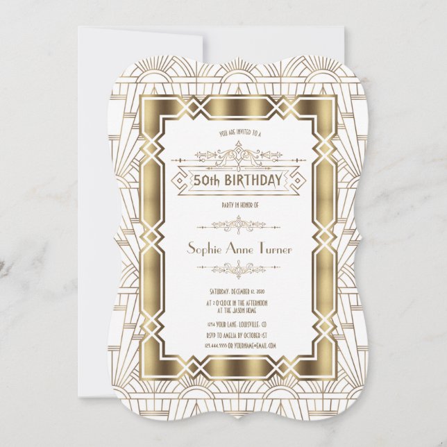 Invitation Gold White Art Deco Gatsby 20s 50e anniversaire (Devant)