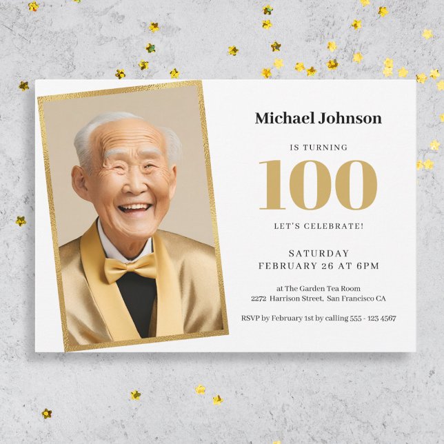 Invitation Gold White Classy Photo 100th Birthday Party (Mockup View)