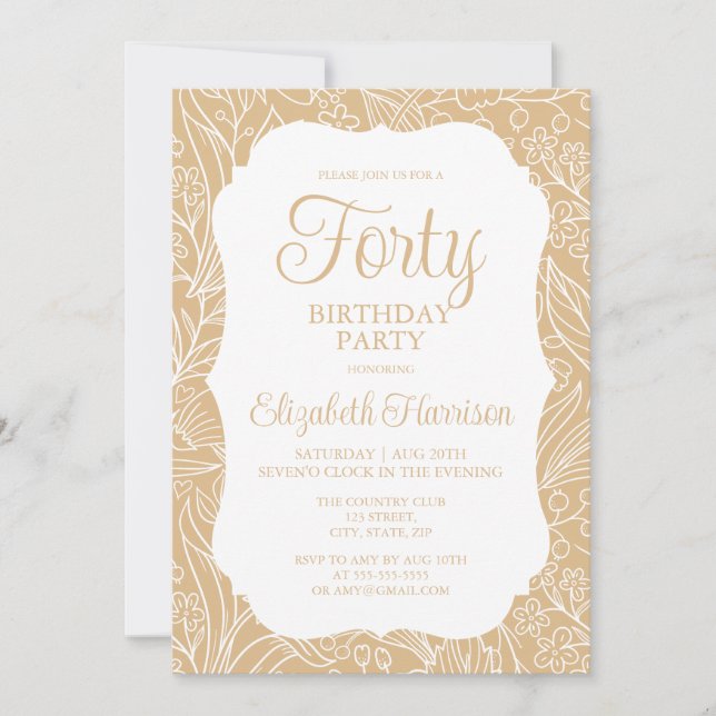 Invitation Gold White Flora Femme 40e fête d'anniversaire (Devant)