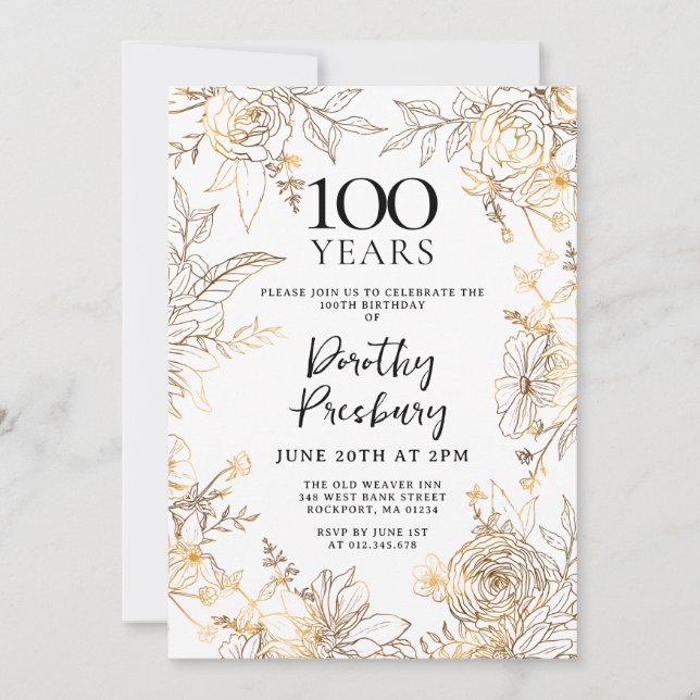 Invitation Gold White Floral 100e fête d'anniversaire (Devant)
