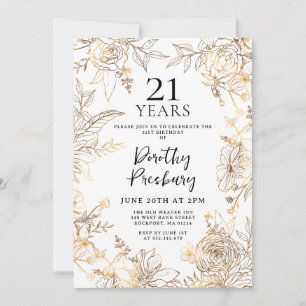 Invitation Gold White Floral 21e anniversaire de fête Invitat