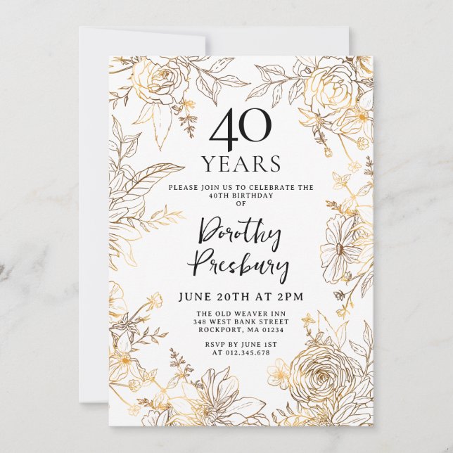 Invitation Gold White Floral 40e anniversaire de fête Invitat (Devant)