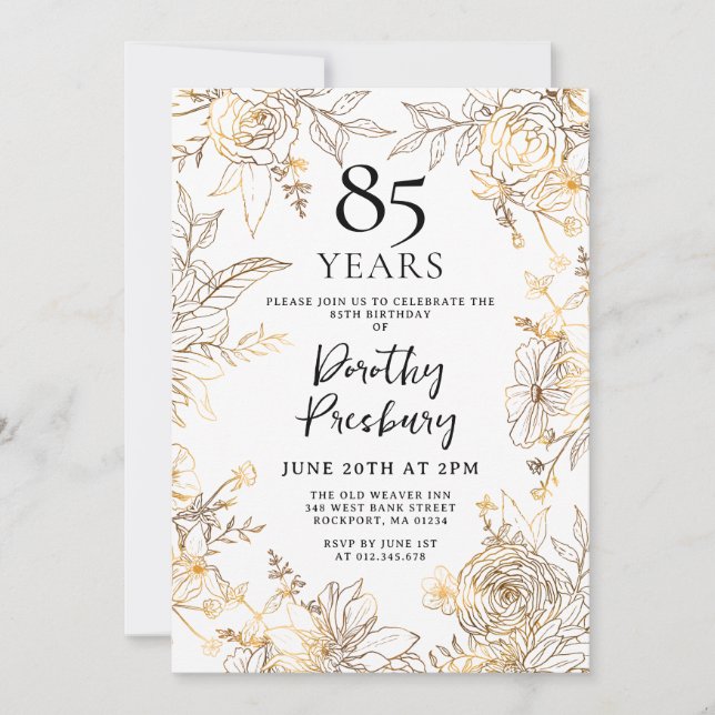 Invitation Gold White Floral 85e fête d'anniversaire (Devant)