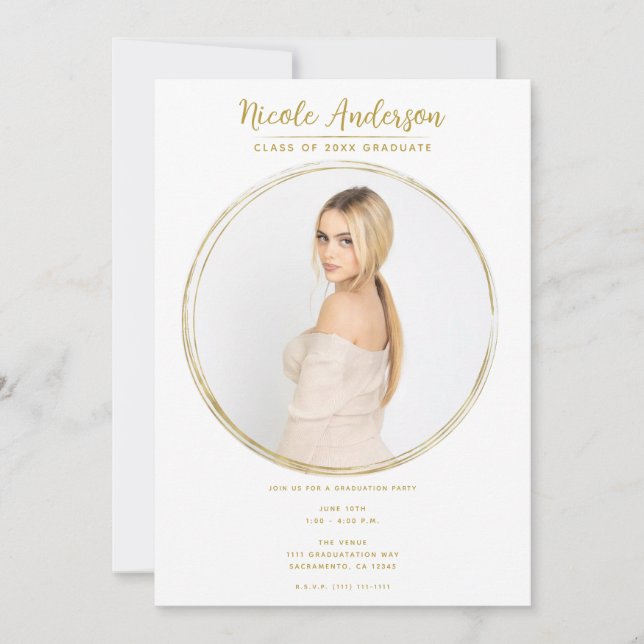Invitation Gold & White Modern Round Photo Party (Devant)