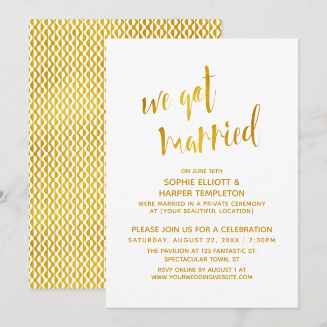 Invitation Gold & White Nous Avons Marié Typographie Célébrat (Devant / Derrière)
