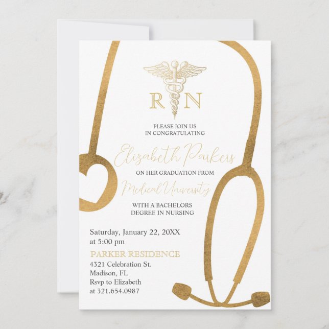 Invitation Gold White Nursing School Graduation Party (Devant)