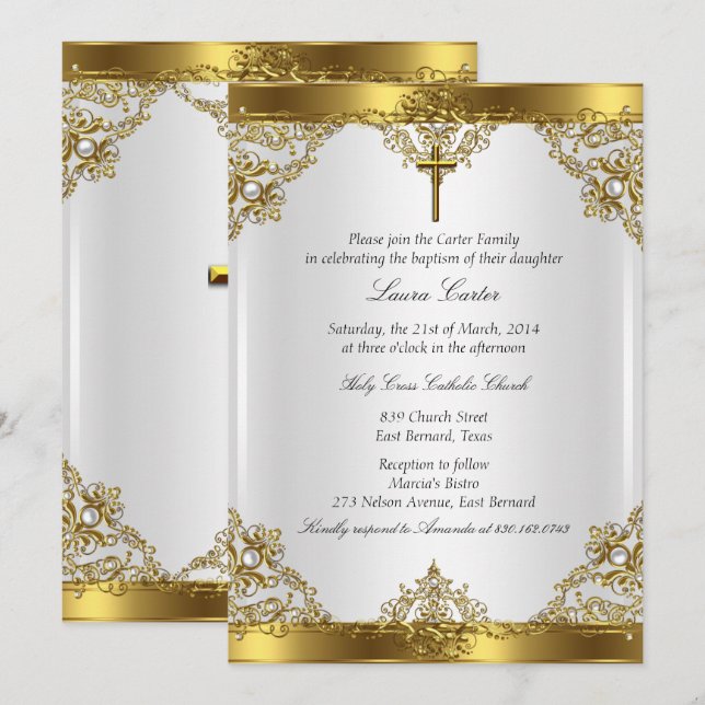 Invitation Gold White Pearl Damask Cross Baptism Christening (Devant / Derrière)
