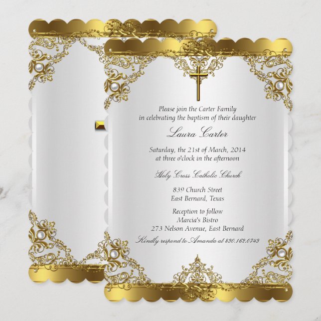 Invitation Gold White Pearl Damask Cross Baptism Christening (Devant / Derrière)