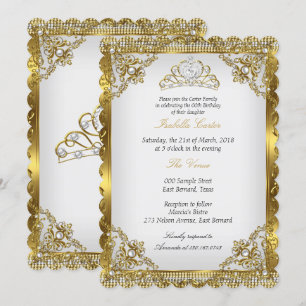 Invitation Gold White Pearl Lace Damask Tiara fête d'annivers