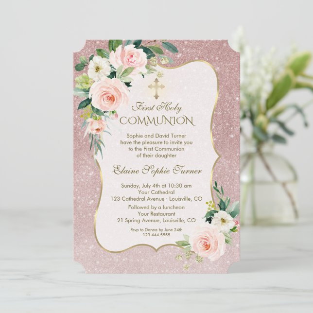 Invitation Gold White Rose Floral Première Communion sainte (Debout devant)