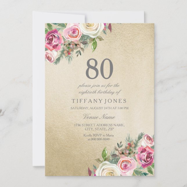 Invitation Gold White Roses femmes 80e anniversaire Invitatio (Devant)