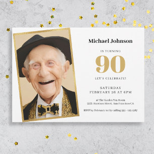 Invitation Gold White Simple Photo 90th Birthday Party
