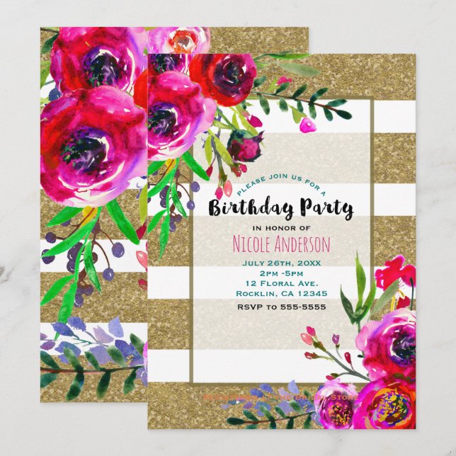 Invitation Gold & White Stripes Bold Floral fête d'anniversai (Devant / Derrière)