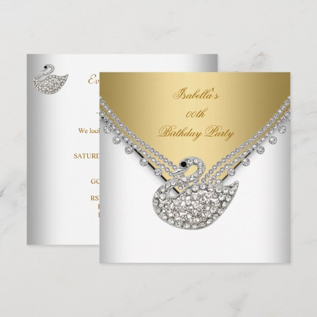 Invitation Gold White Swan Élégante fête d'anniversaire (Devant / Derrière)