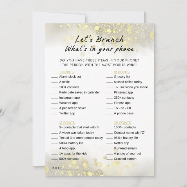 Invitation Gold White What's In Your Phone Brunch Party Jeu (Devant)