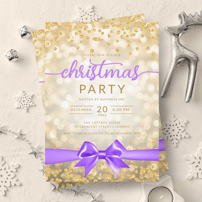 Invitation Gold Winter Glam Company Xmas Purple Ribbon (Gold Winter Glam Company Xmas Purple Ribbon Invitation)