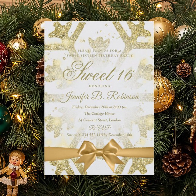 Invitation Gold Winter Glitter Bow Sweet 16 Birthday Party (Gold Winter Glitter Bow Sweet 16 Birthday Party Invitation)