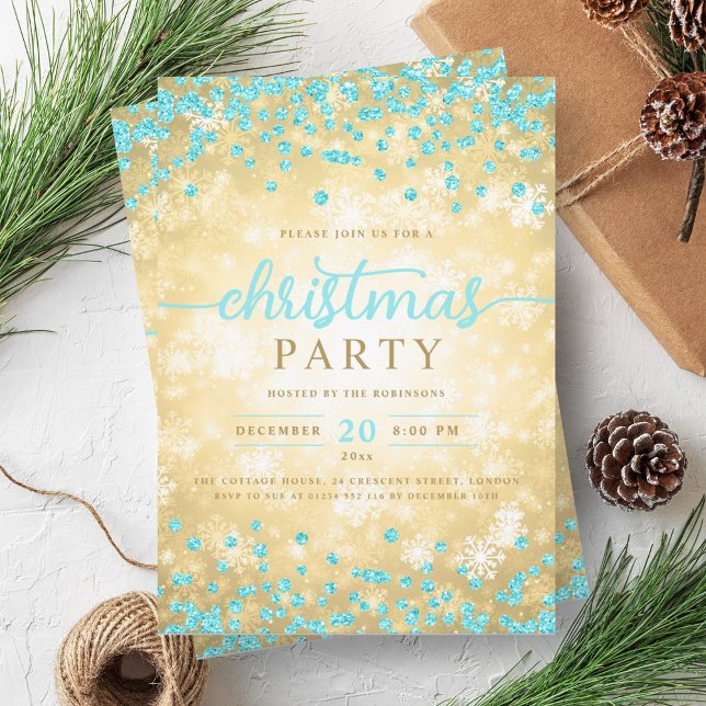 Invitation Gold Winter Silver Diamonds Noël Turquoise (Gold Winter Silver Diamonds Christmas Turquoise Invitation)