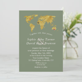 Invitation Gold World Map Destination Sage Green Wedding