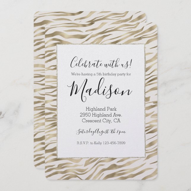 Invitation Gold Zebra Print Glitz Anniversaire (Devant / Derrière)